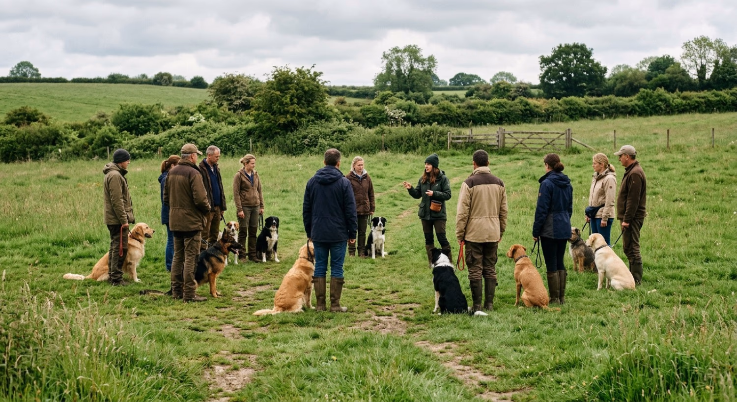 Seminargruppe mit Hunden auf einer Wiese im Freien