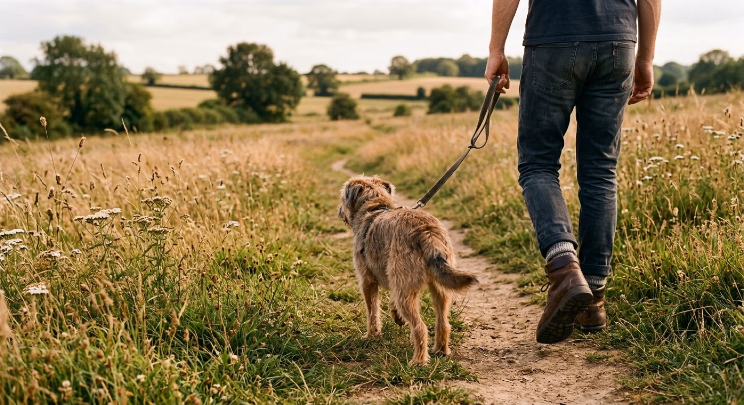 Hund und Mensch unterwegs auf einem Wiesenpfad